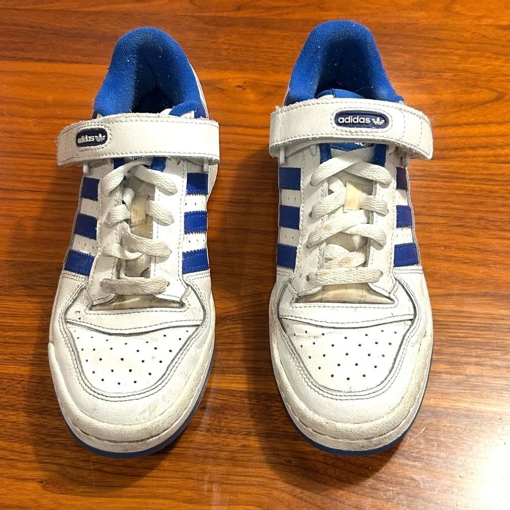 Adidas Forum Low Top White and Royal Blue Sneakers